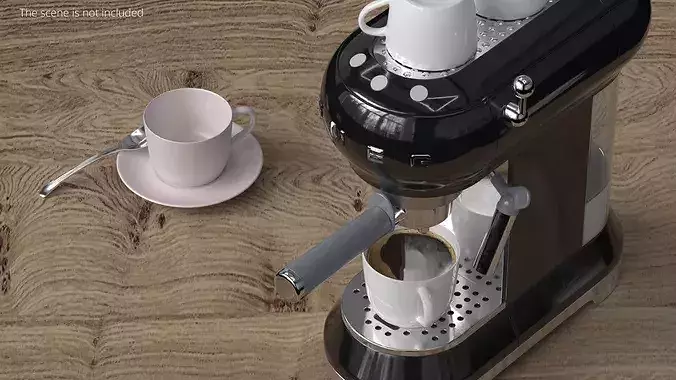 Smeg Espresso Coffee Machine Black with Coffee and Two Cups 3D model 3