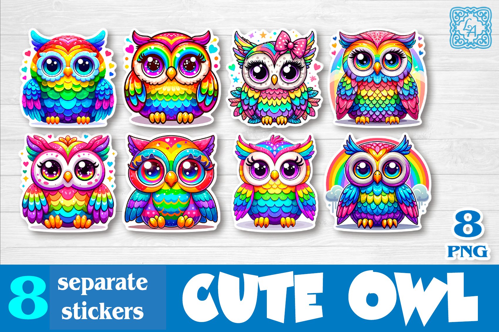 Cute Rainbow Owl. Stickers Design PNG