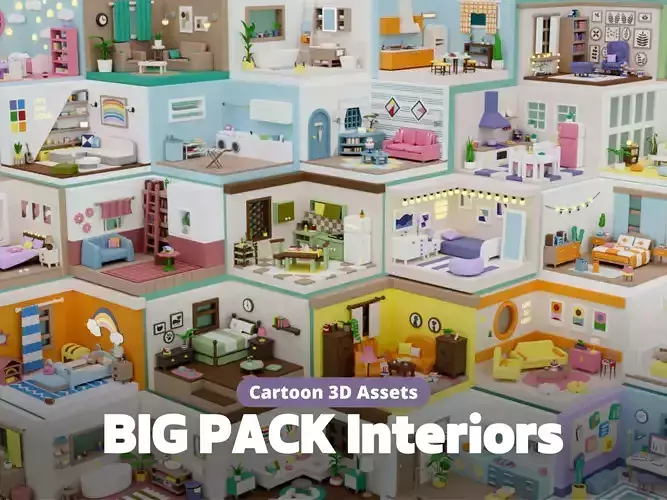 BIG PACK Cozy Cartoon Rooms Interiors Low-poly 3D model