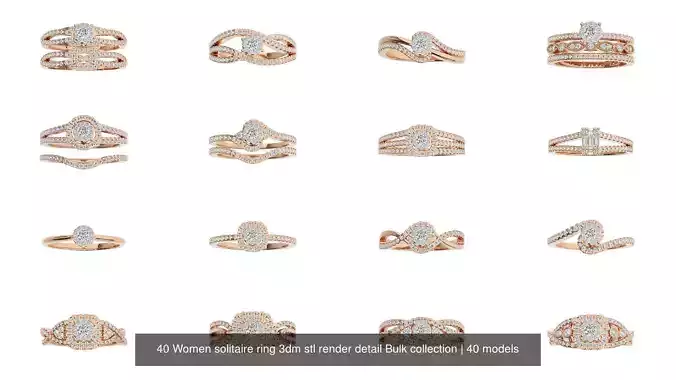 40 Women solitaire ring 3dm stl render detail Bulk collection 3D Model Pack