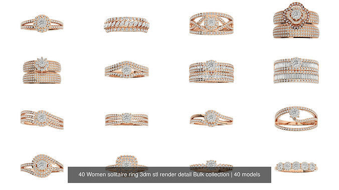 40 Women solitaire ring 3dm stl render detail Bulk collection 3D Model Pack 3