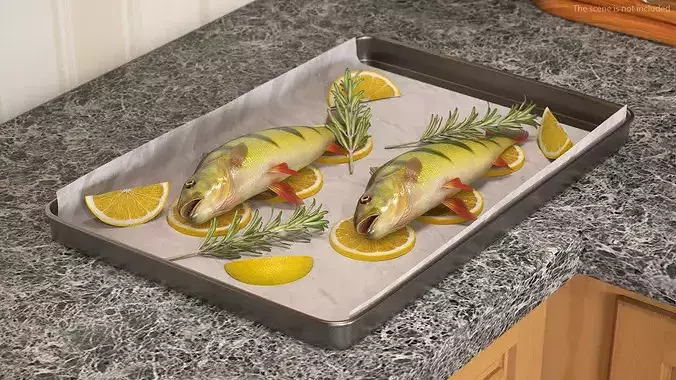 Fresh Yellow Perch with Lemon and Rosemary on Baking Tray 3D model 3