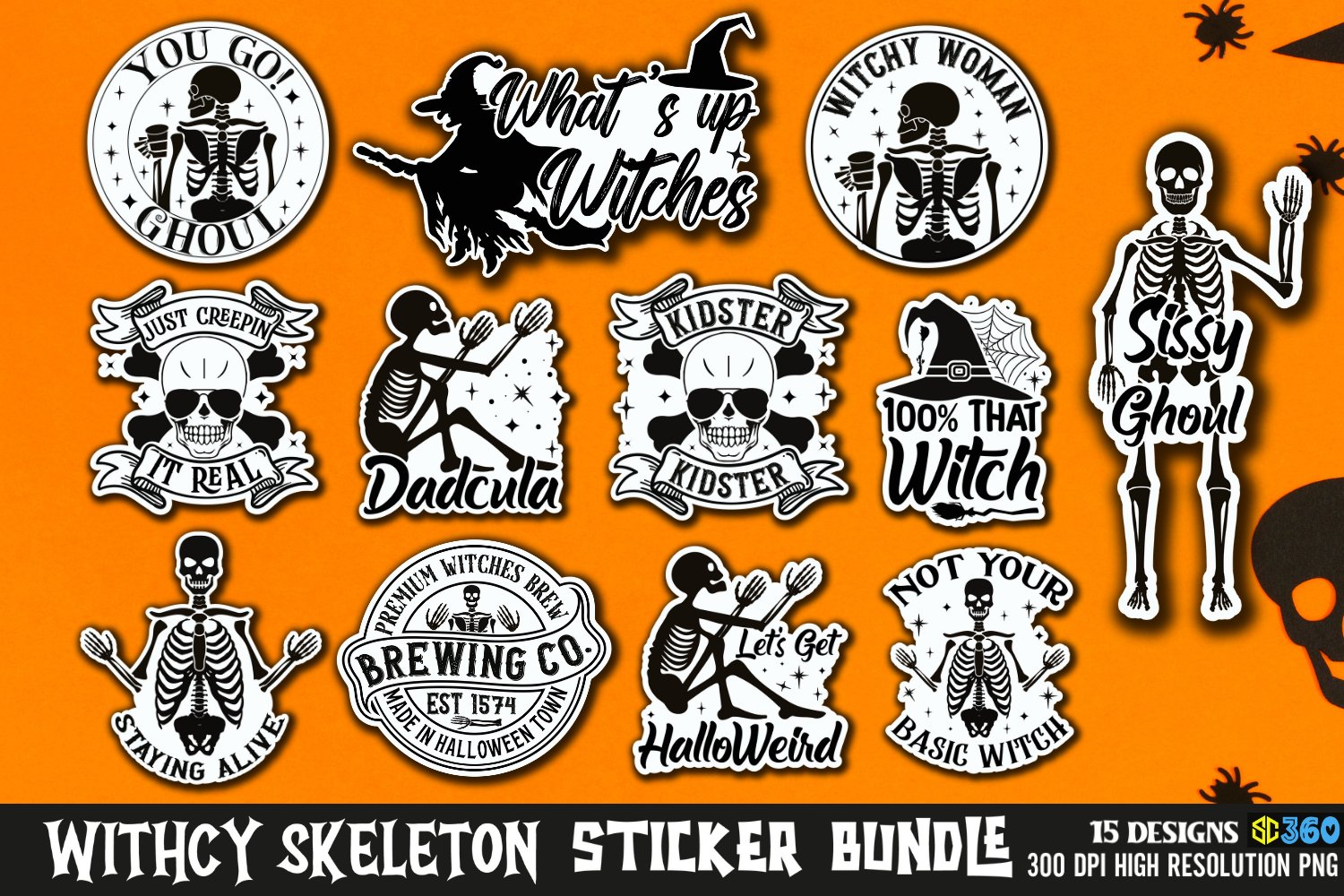 Witch Skeleton Sticker Bundle, Skeleton Stickers Bundle