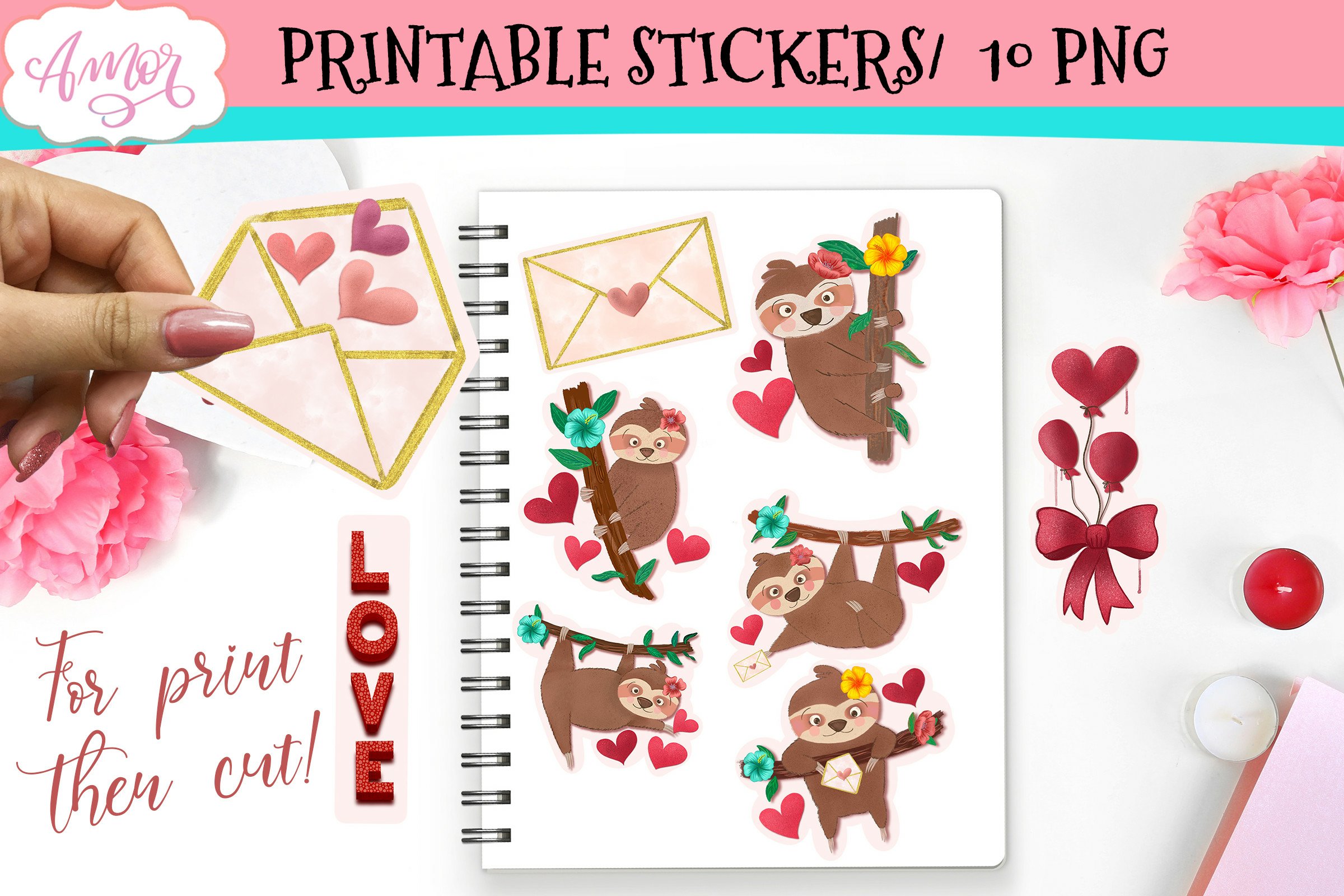 Valentine Stickers for Print Cut | Sloth printable sticker