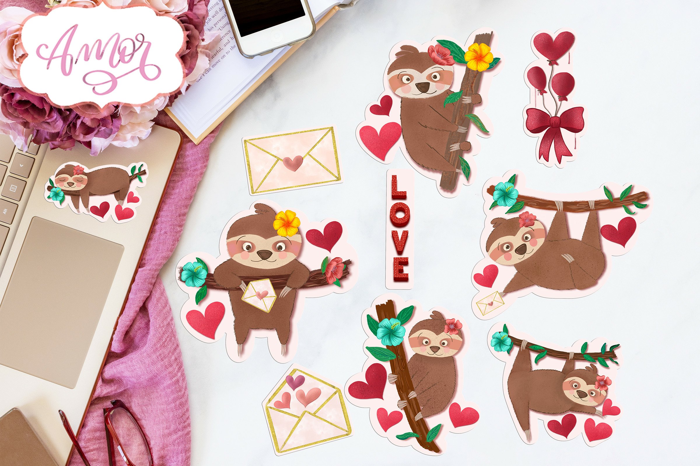 Valentine Stickers for Print   Cut | Sloth printable sticker 2