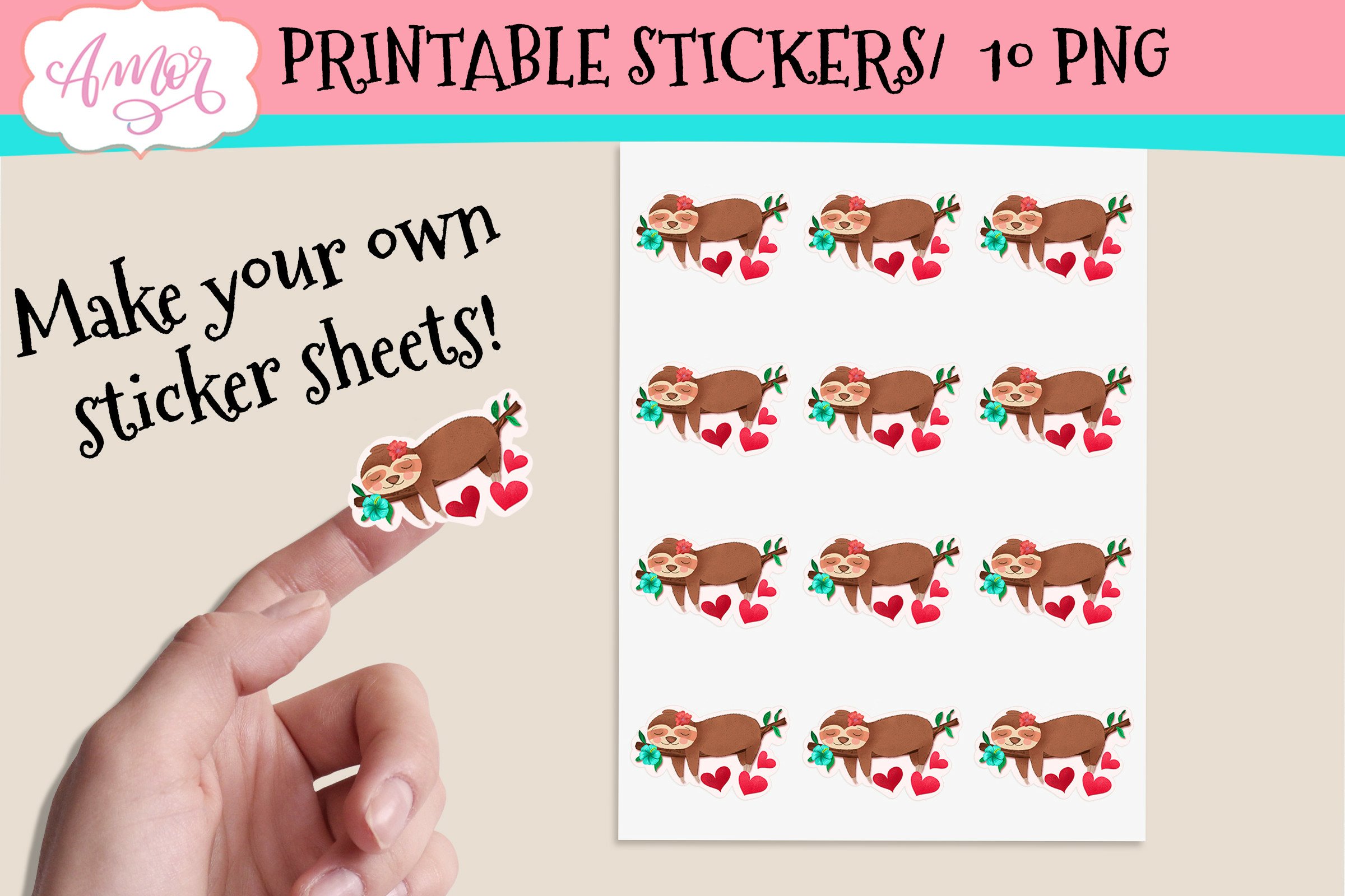 Valentine Stickers for Print   Cut | Sloth printable sticker 3