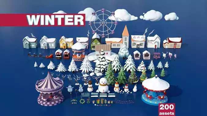 Stylized Winter City Asset Pack 200 Assets - Modular Environment Low-poly 3D model